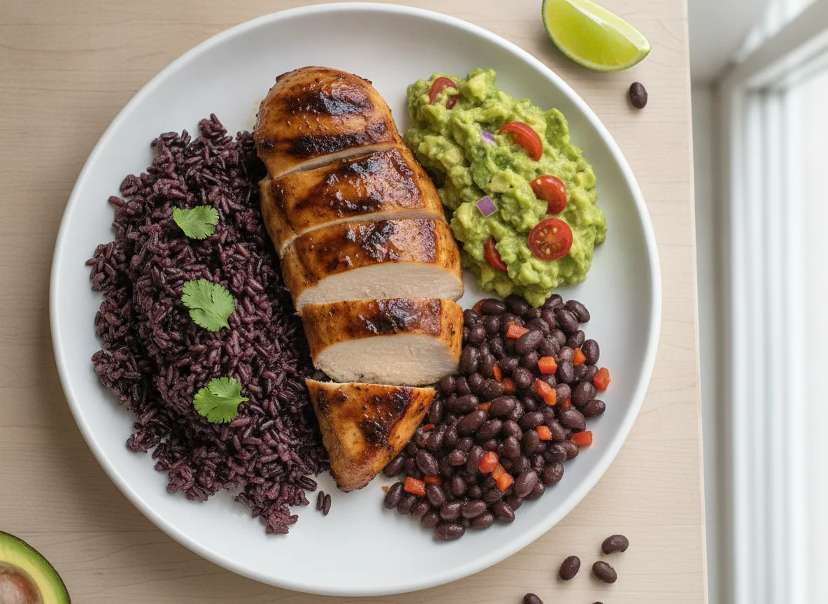 Chicken with Black Beans, Purple Rice, and Guacamole photo
