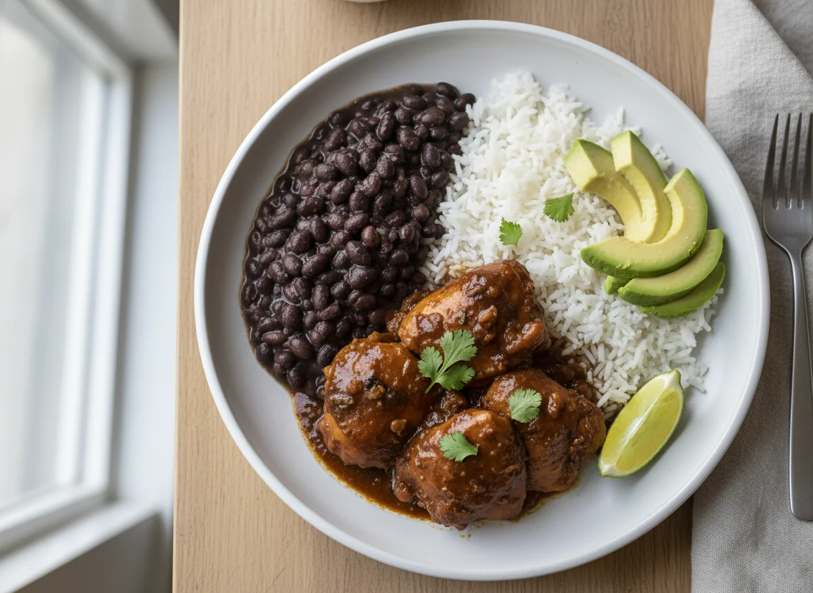 Chicken with Black Beans, Rice, and Avocado photo