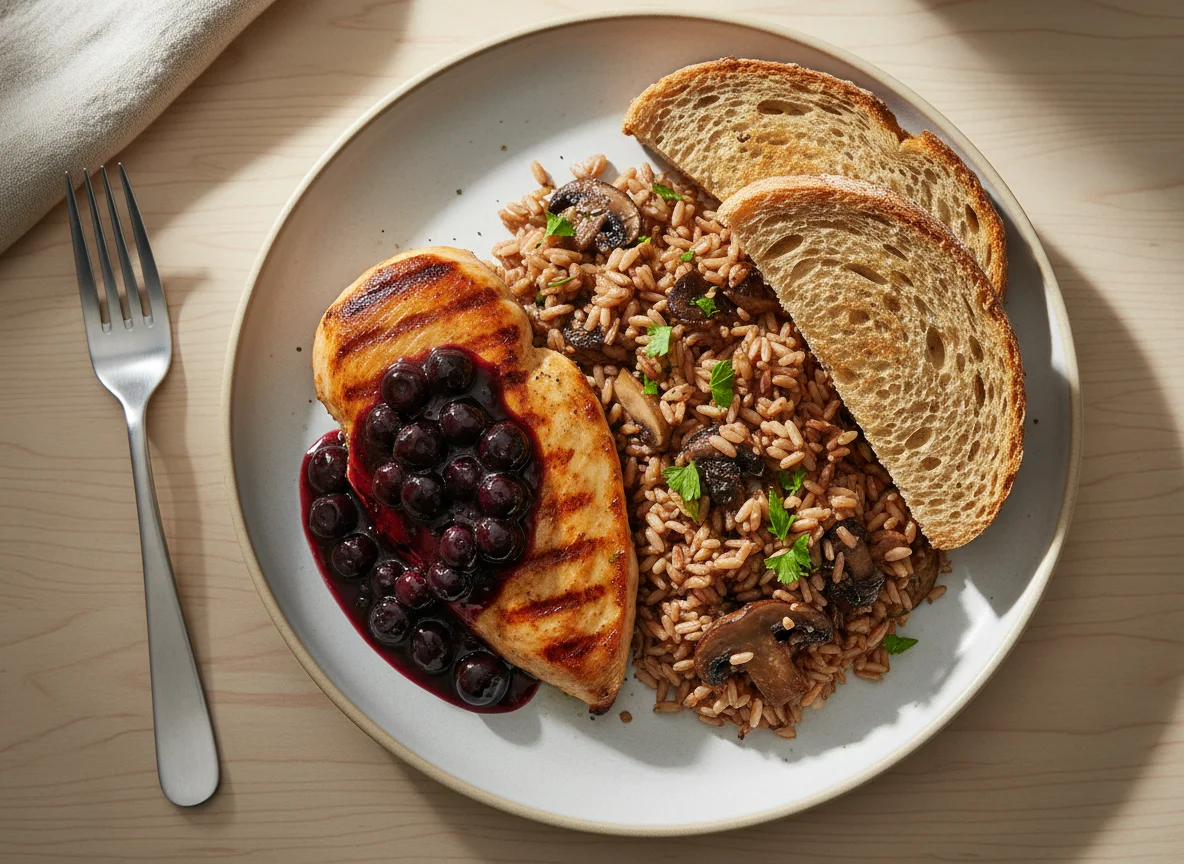 Chicken with blueberry sauce, whole grain rice, and toast photo