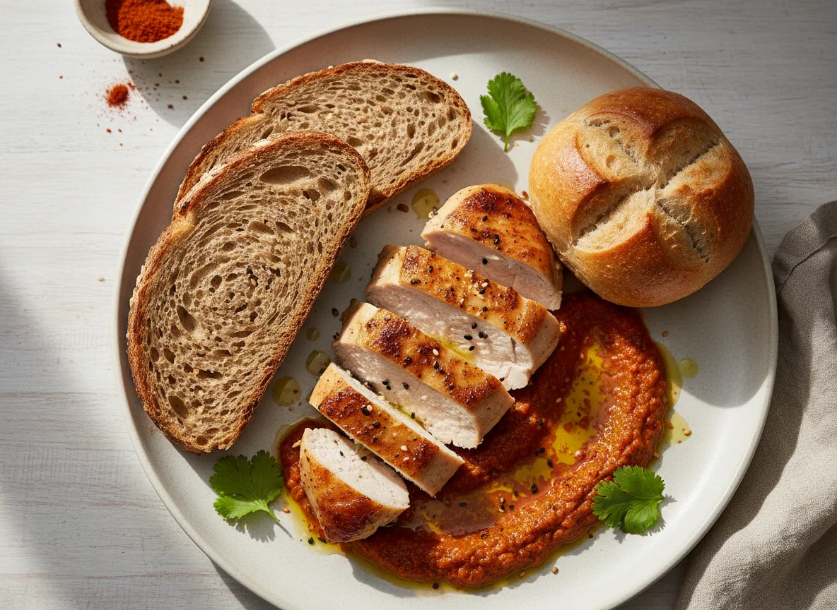 Chicken with bread and sauce photo