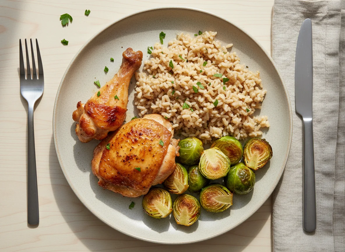 Chicken with brown rice and Brussels sprouts photo