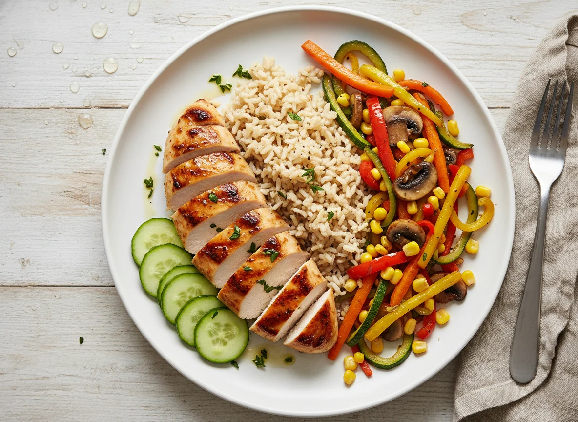 Chicken with Brown Rice and Mixed Vegetables photo