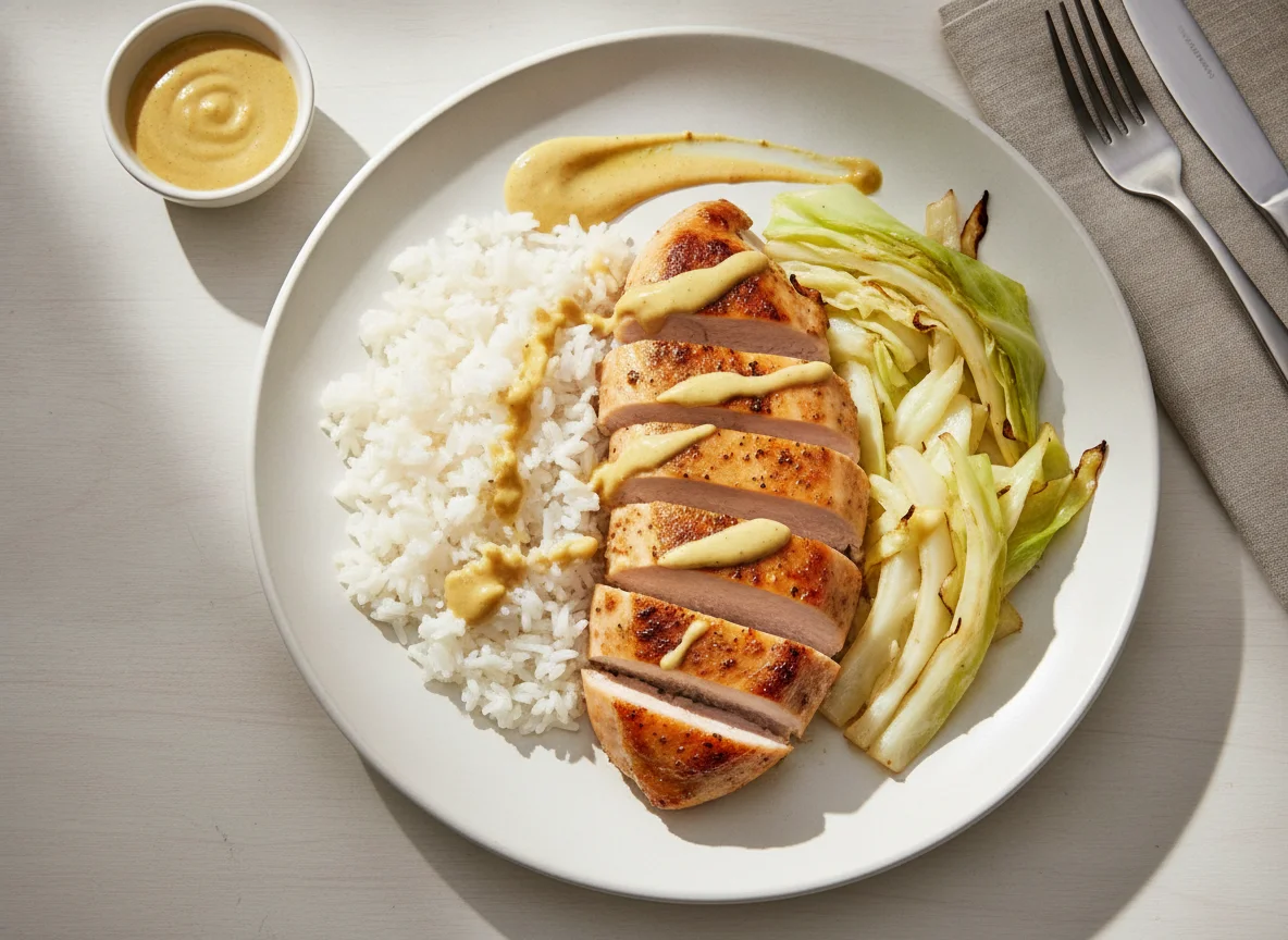 Chicken with cabbage and rice photo