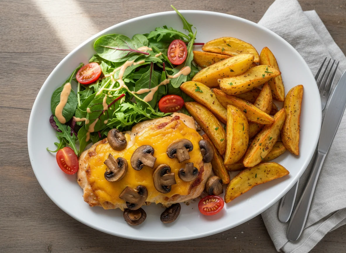 Chicken with cheese, mushrooms and tomatoes, served with potato wedges and mixed leaf salad photo