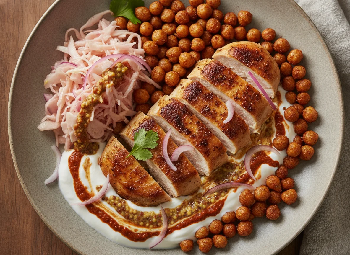 Chicken with chickpeas and pickled cabbage photo