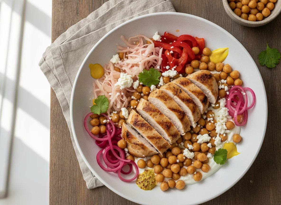Chicken with chickpeas, feta, and pickled vegetables photo