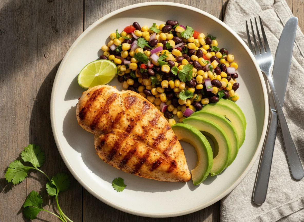 Chicken with Corn and Black Bean Salsa and Avocado photo