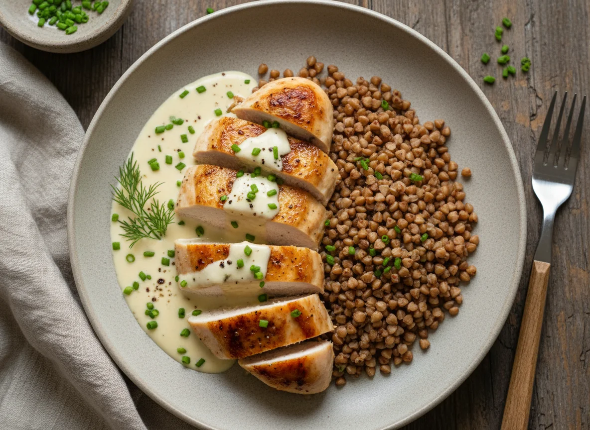 Chicken with creamy sauce and buckwheat photo