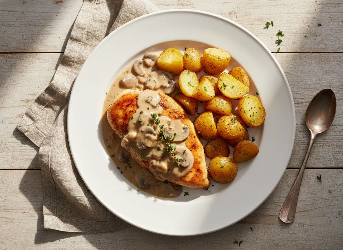Chicken with Creamy Sauce and Roasted Potatoes photo