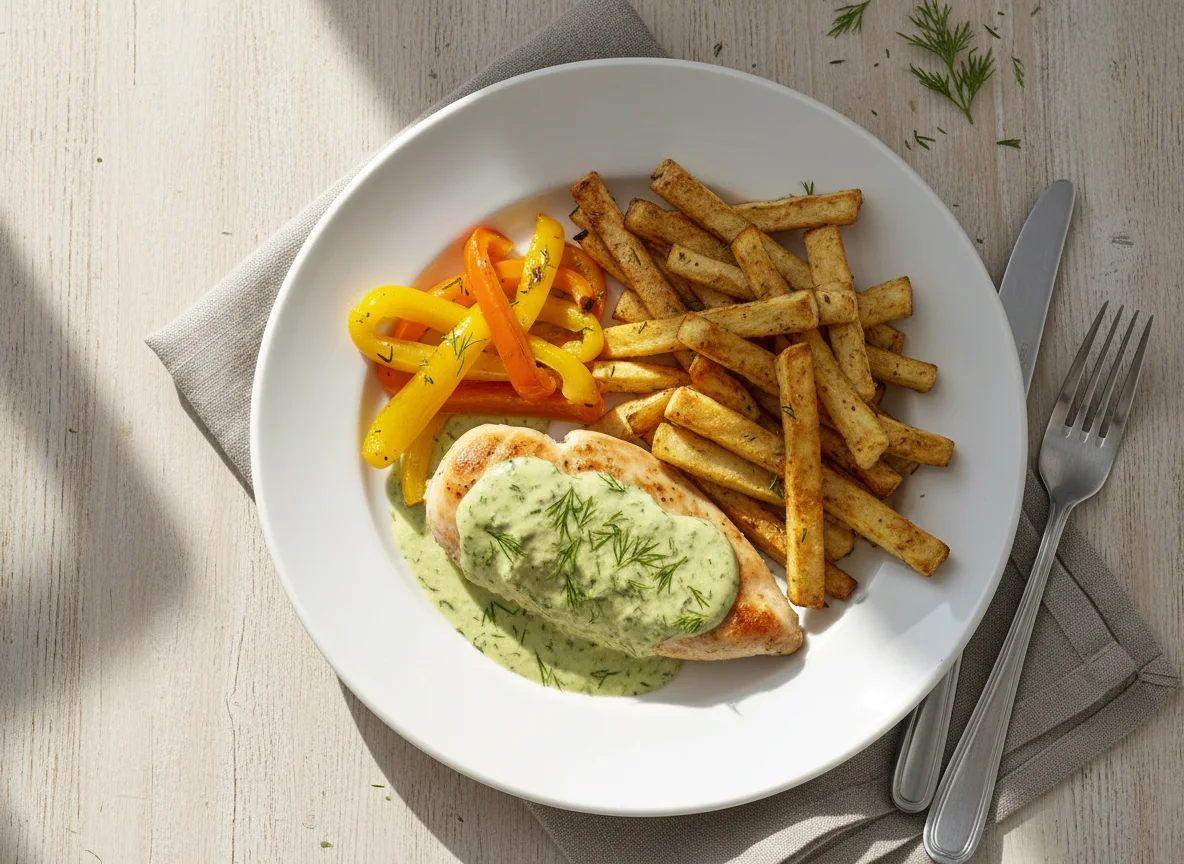 Chicken with creamy sauce, bell peppers and parsnip fries photo