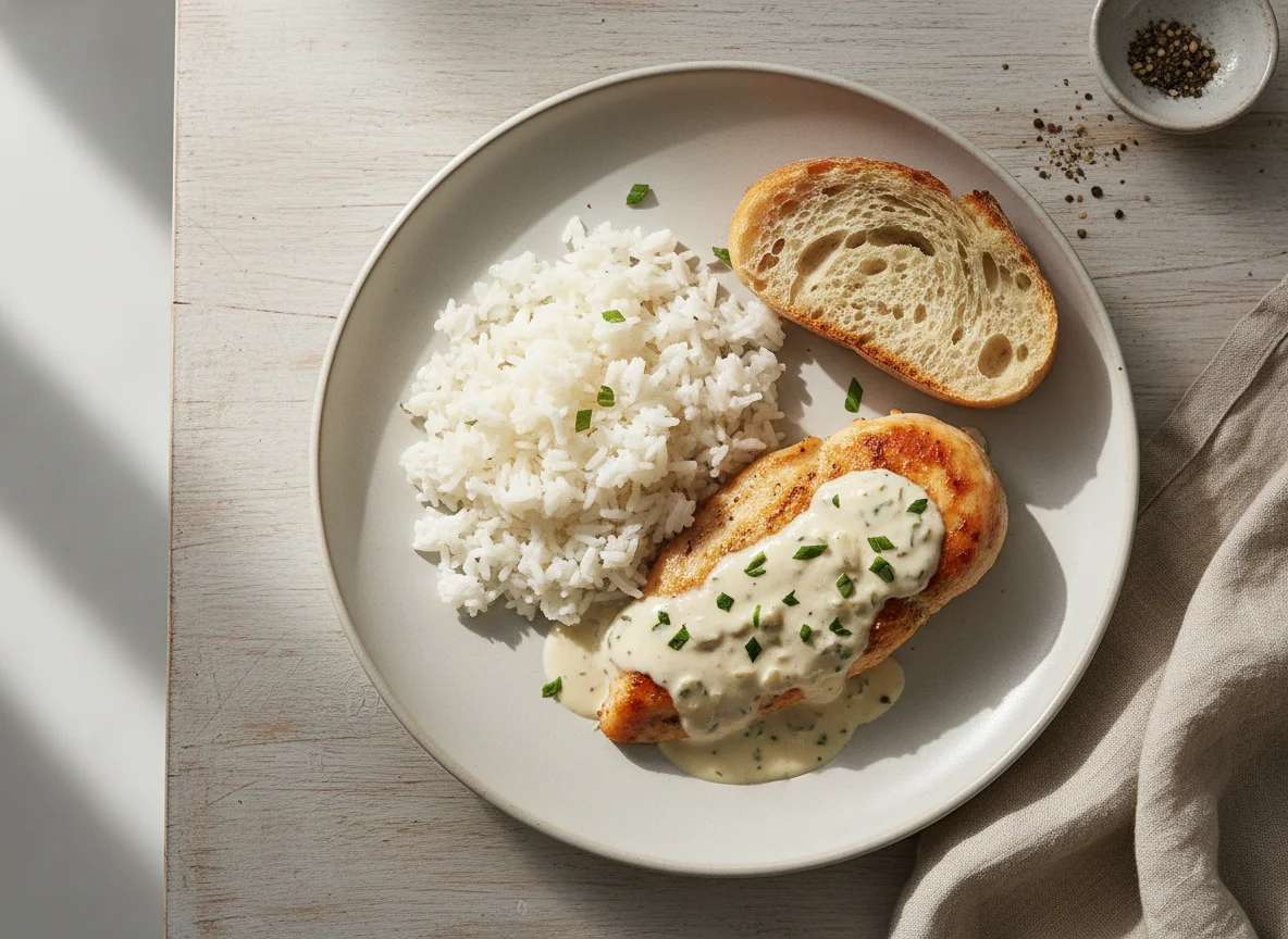 Chicken with creamy sauce, rice, and bread photo