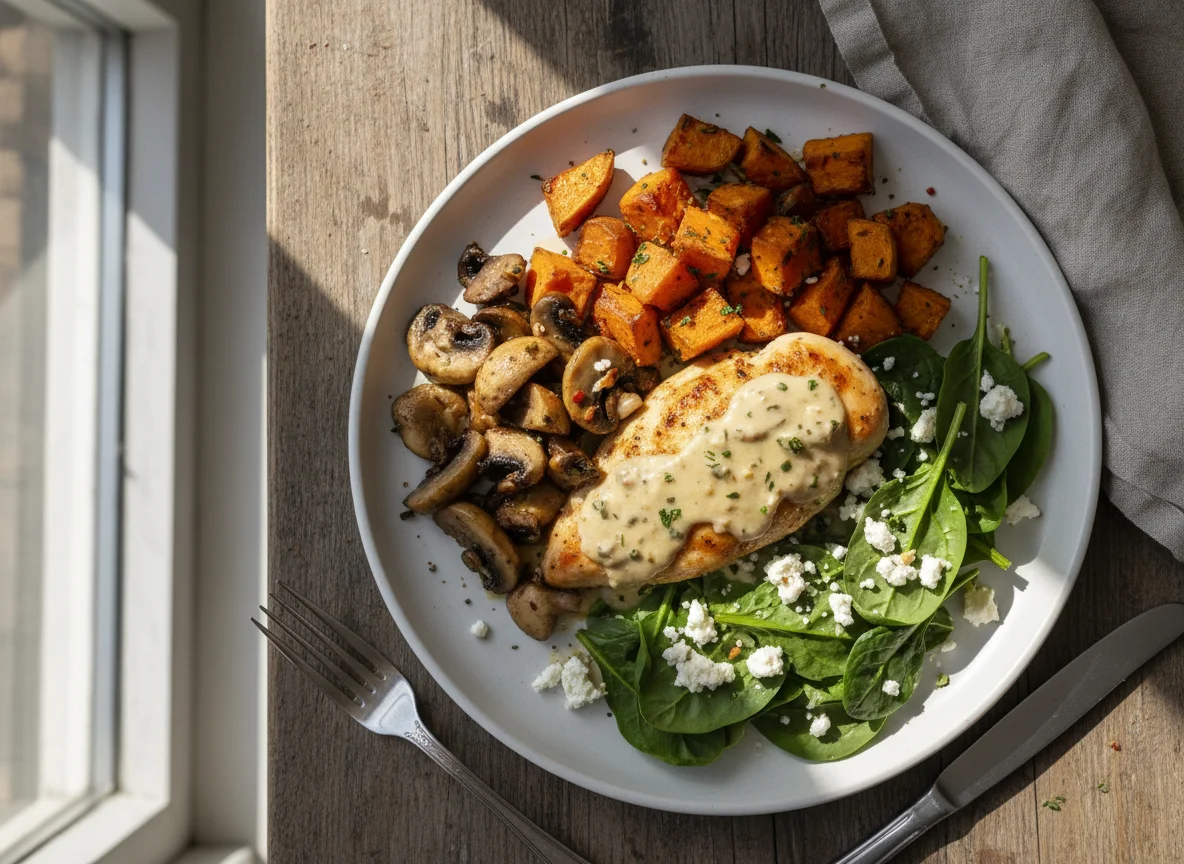 Chicken with creamy sauce, roasted vegetables, spinach and feta photo