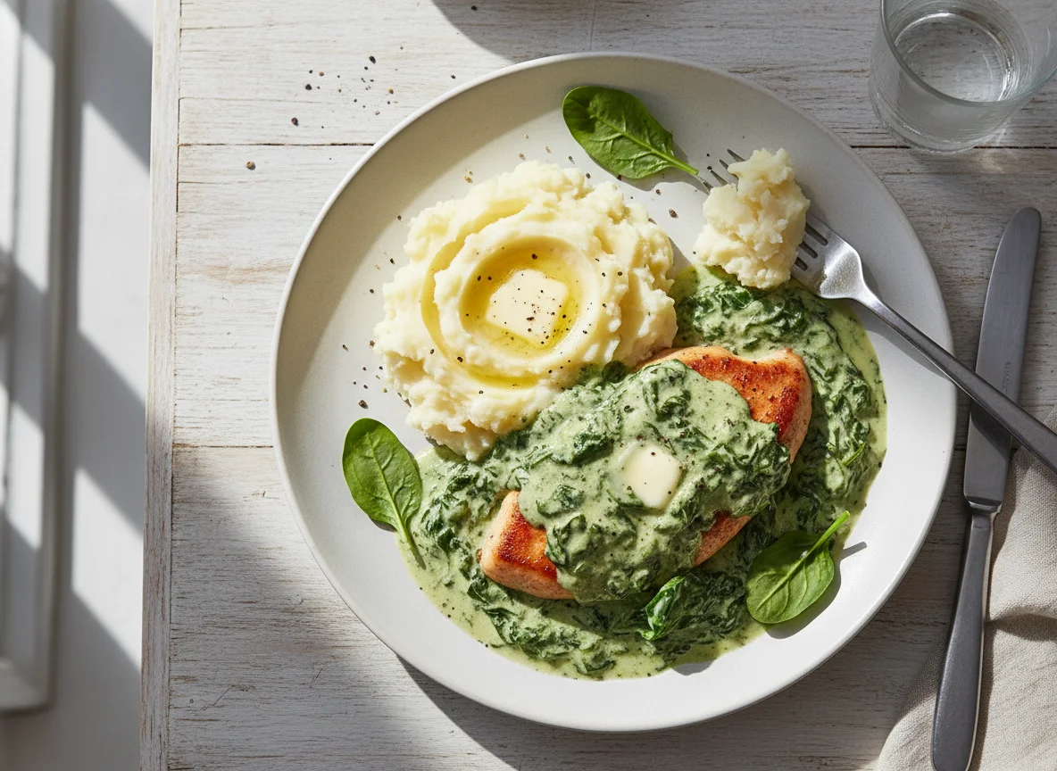 Chicken with Creamy Spinach Sauce and Mashed Potatoes photo