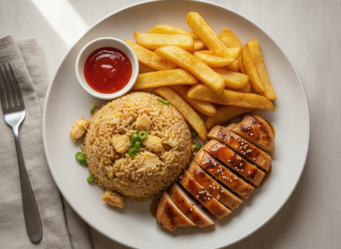 Chicken with Egg Fried Rice and Chips photo