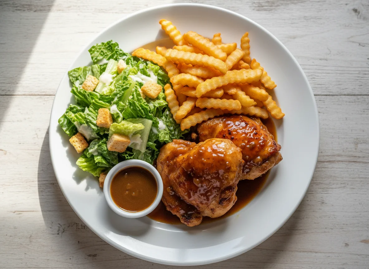 Chicken with Fries, Gravy, and Salad photo