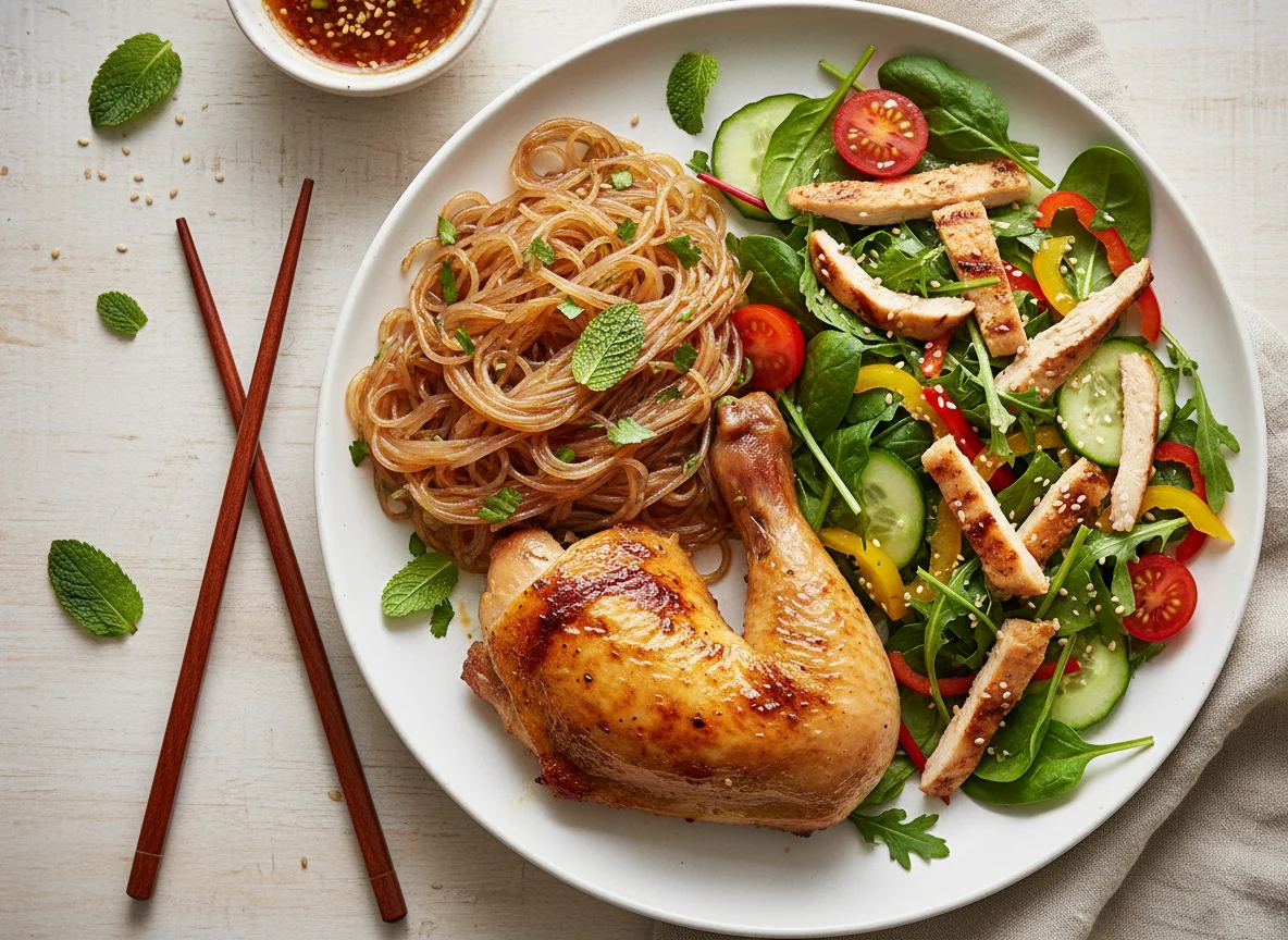 Chicken with glass noodles and salad photo