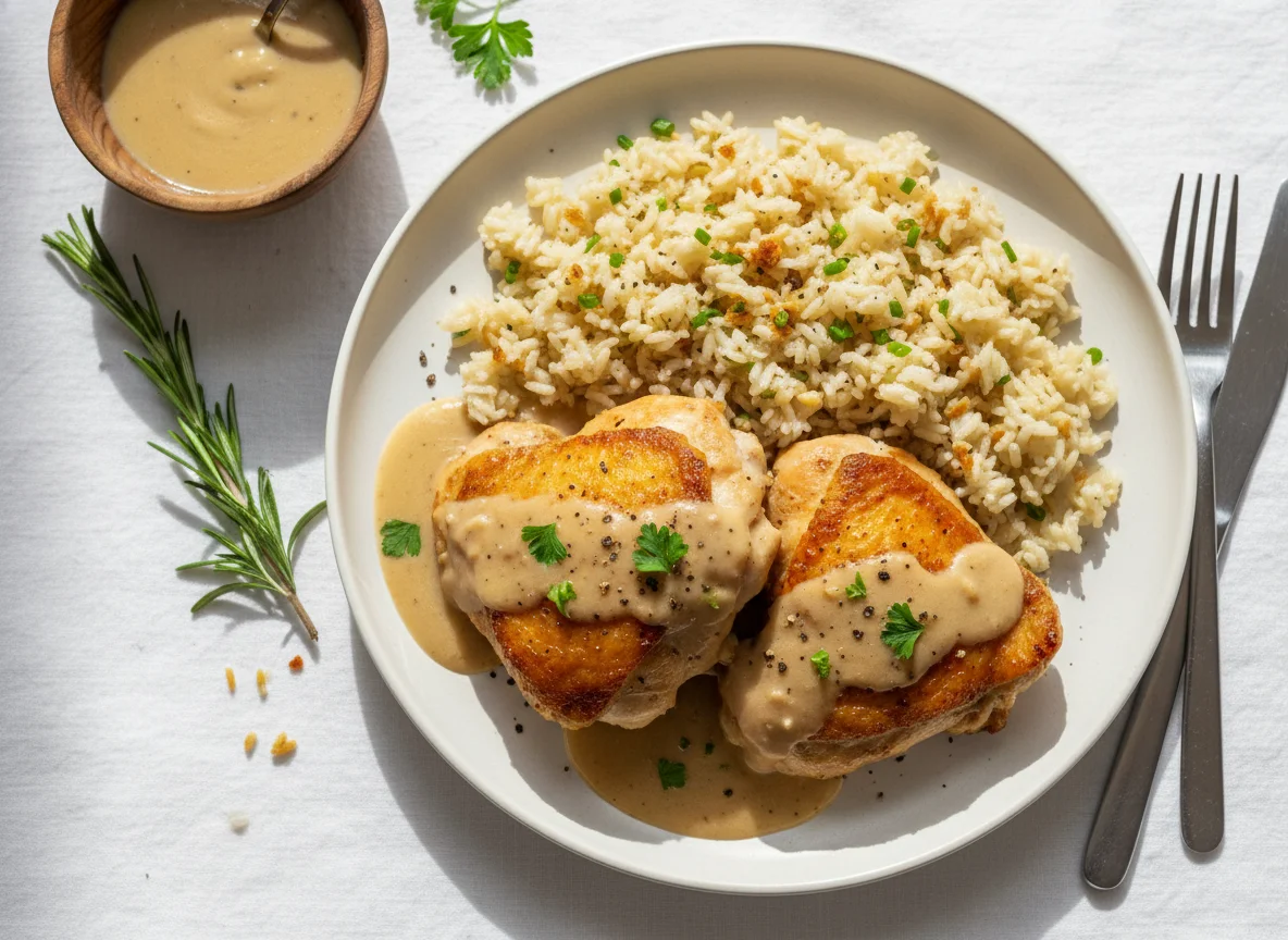 Chicken with Gravy and Garlic Rice photo