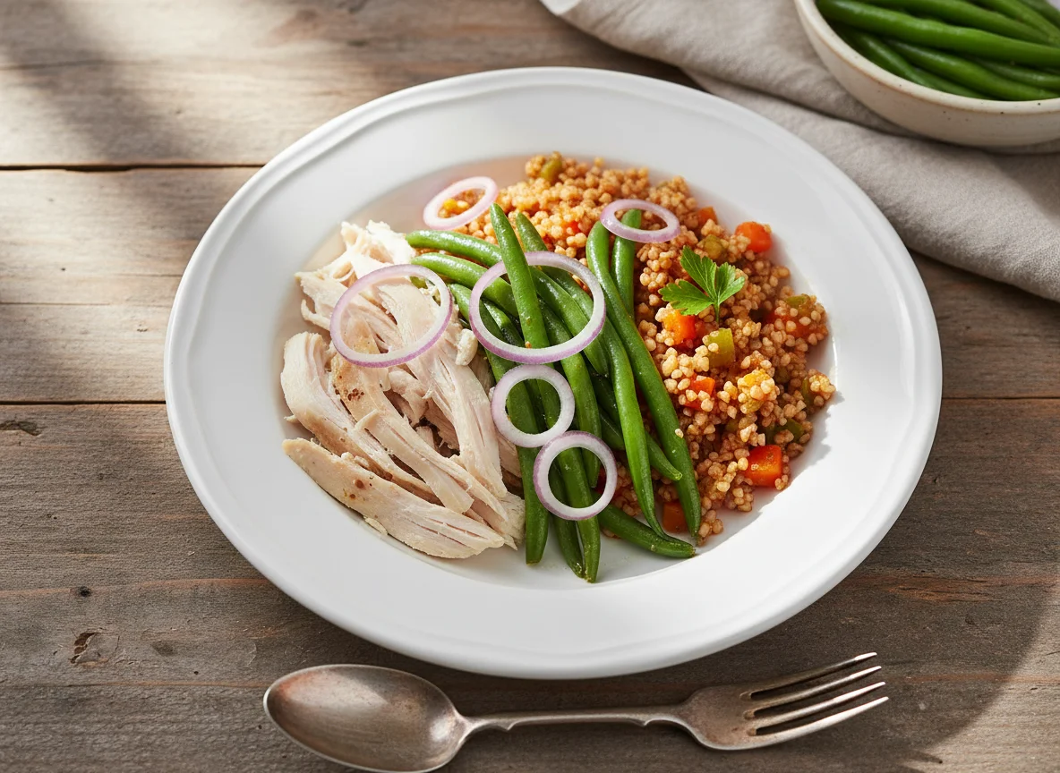 Chicken with Green Beans, Bulgur, and Onions photo