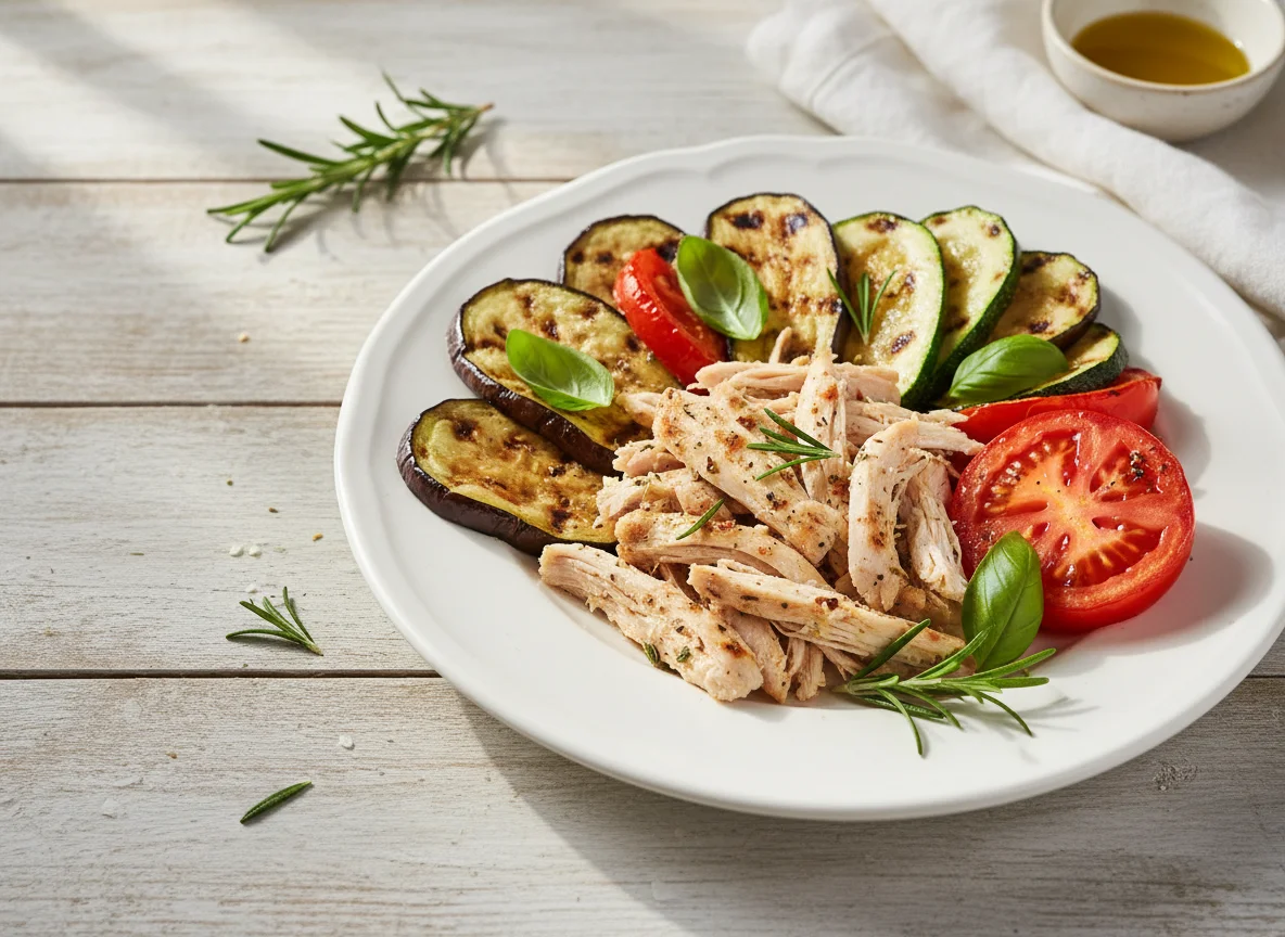Chicken with grilled vegetables and tomatoes photo