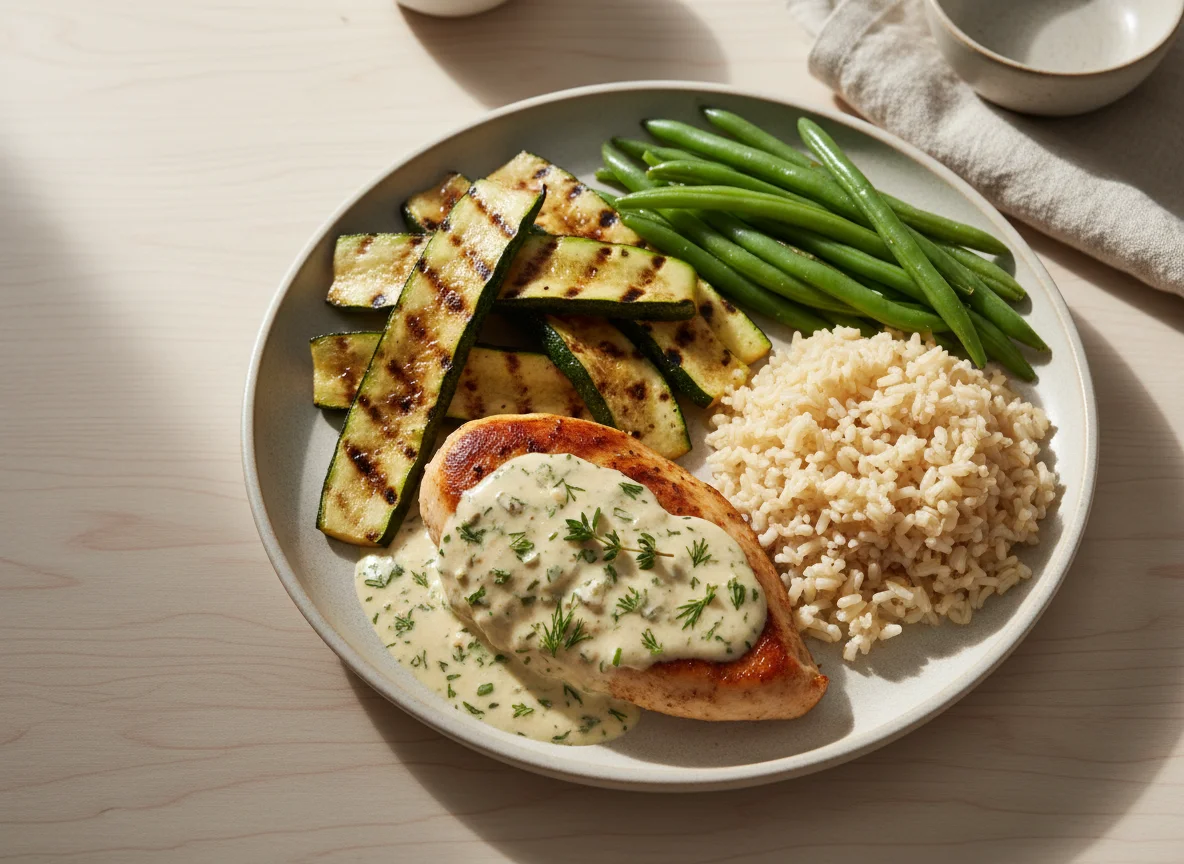 Chicken with grilled zucchini, green beans, and brown rice photo