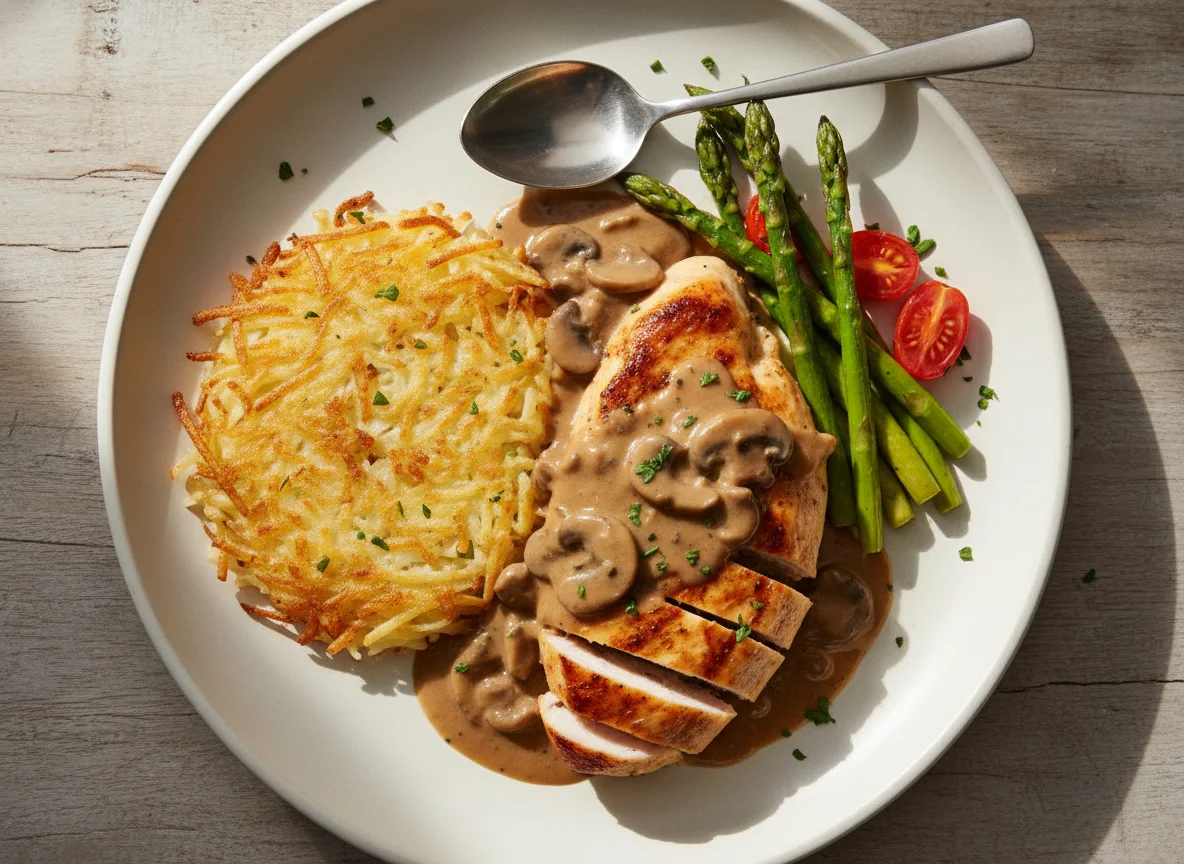 Chicken with Hash Browns and Asparagus photo