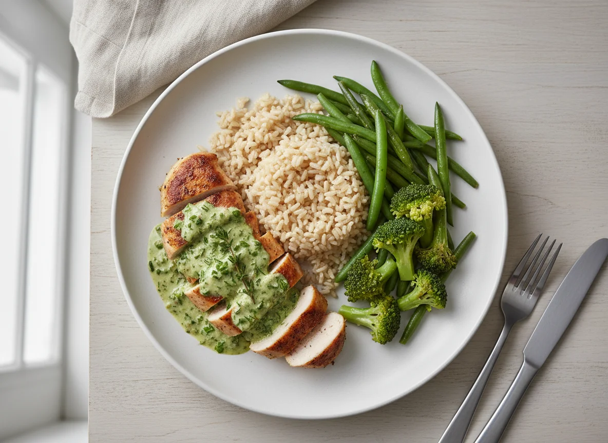 Chicken with Herb Sauce, Brown Rice, and Steamed Vegetables photo