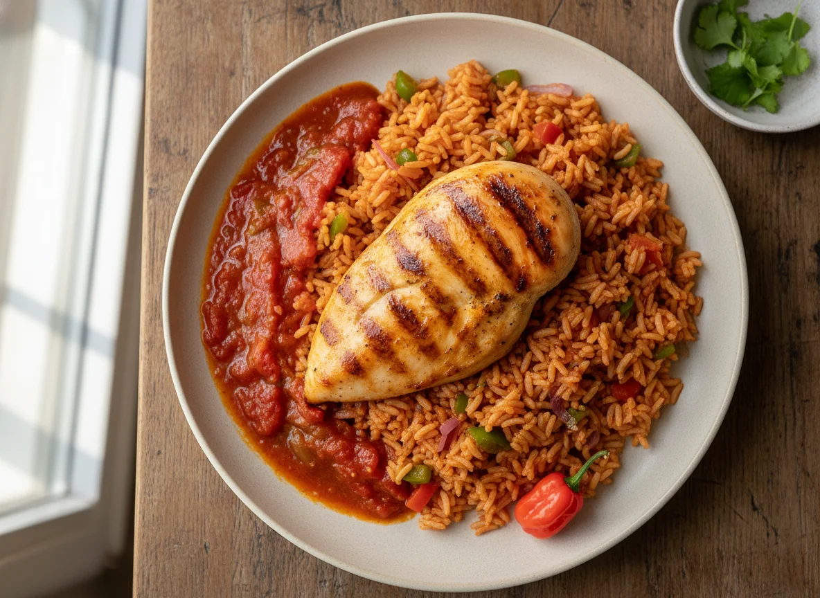 Chicken with Jollof Rice and Sauce photo