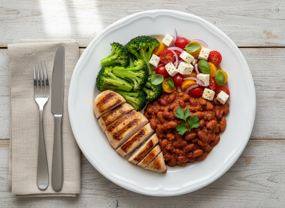 Chicken with kidney beans, broccoli, and tomato feta salad photo