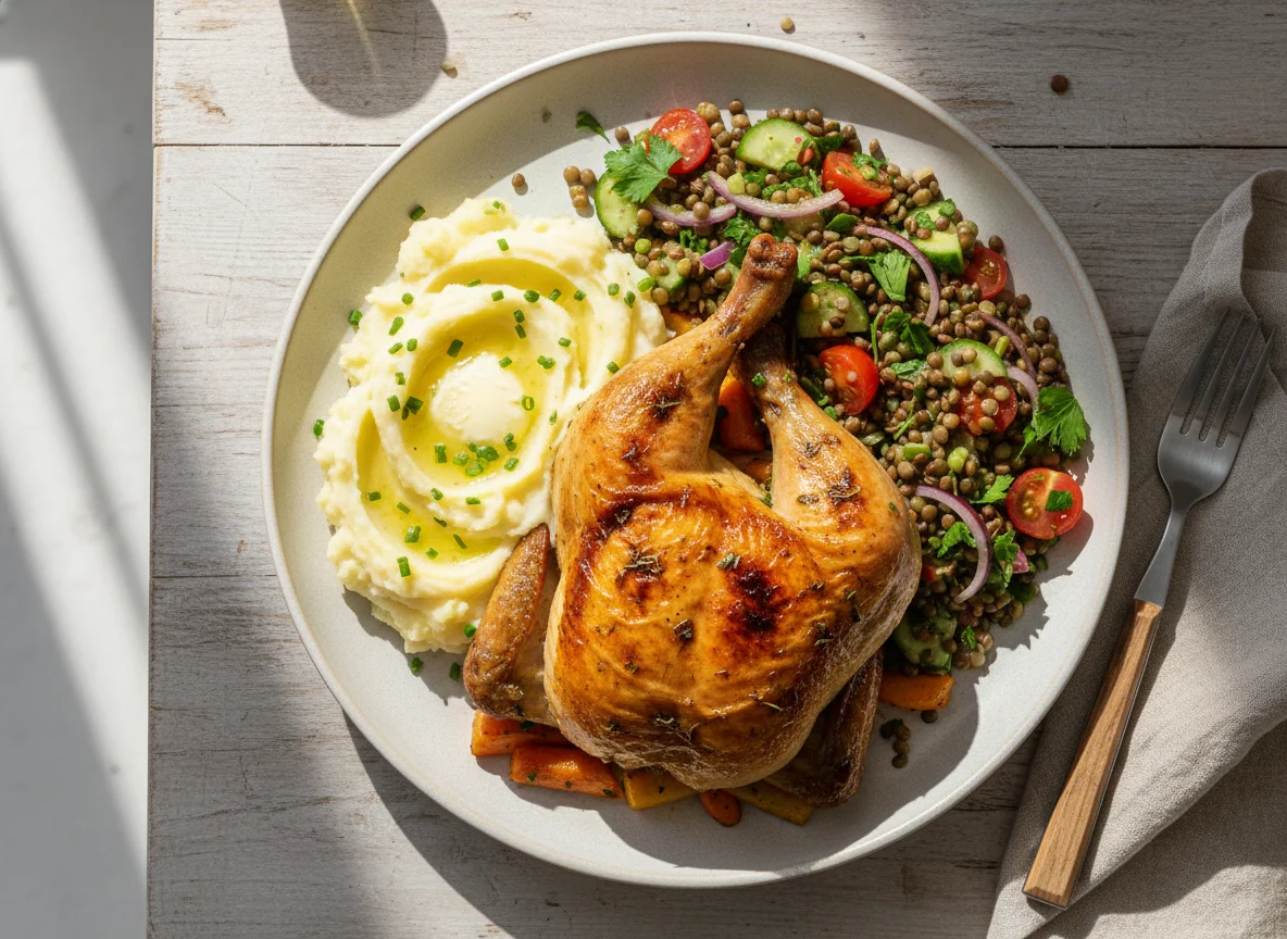 Chicken with Lentil Salad and Mashed Potatoes photo