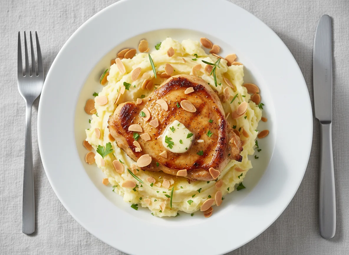 Chicken with Mashed Potatoes and Almond Flakes photo