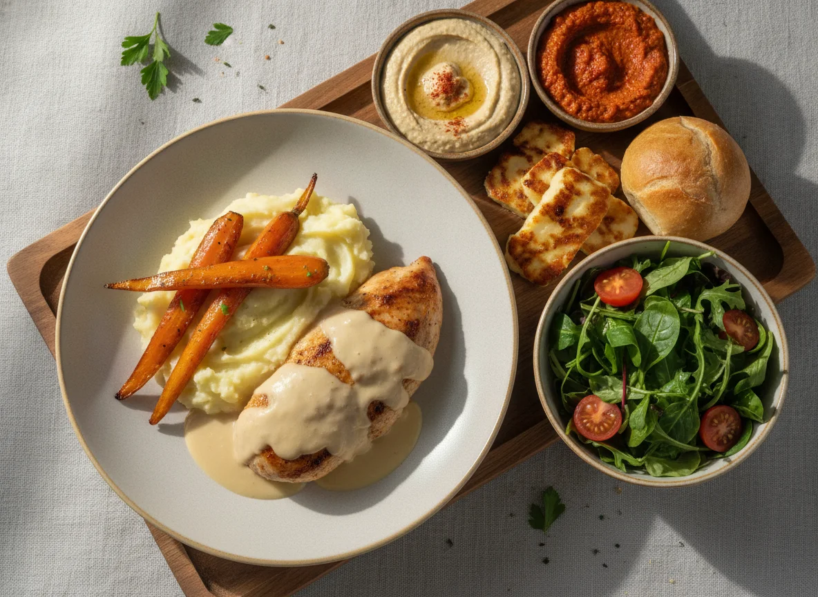 Chicken with Mashed Potatoes and Appetizer Platter photo