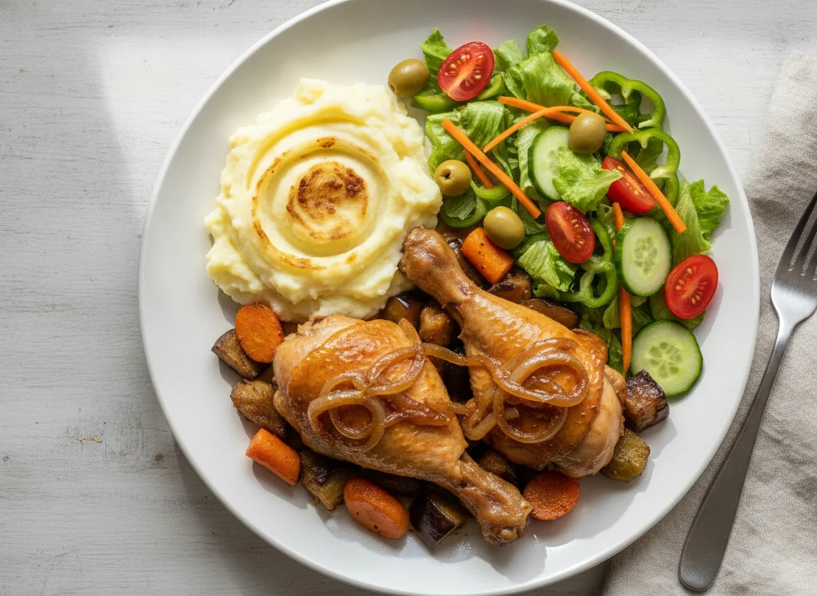Chicken with mashed potatoes and fresh salad photo