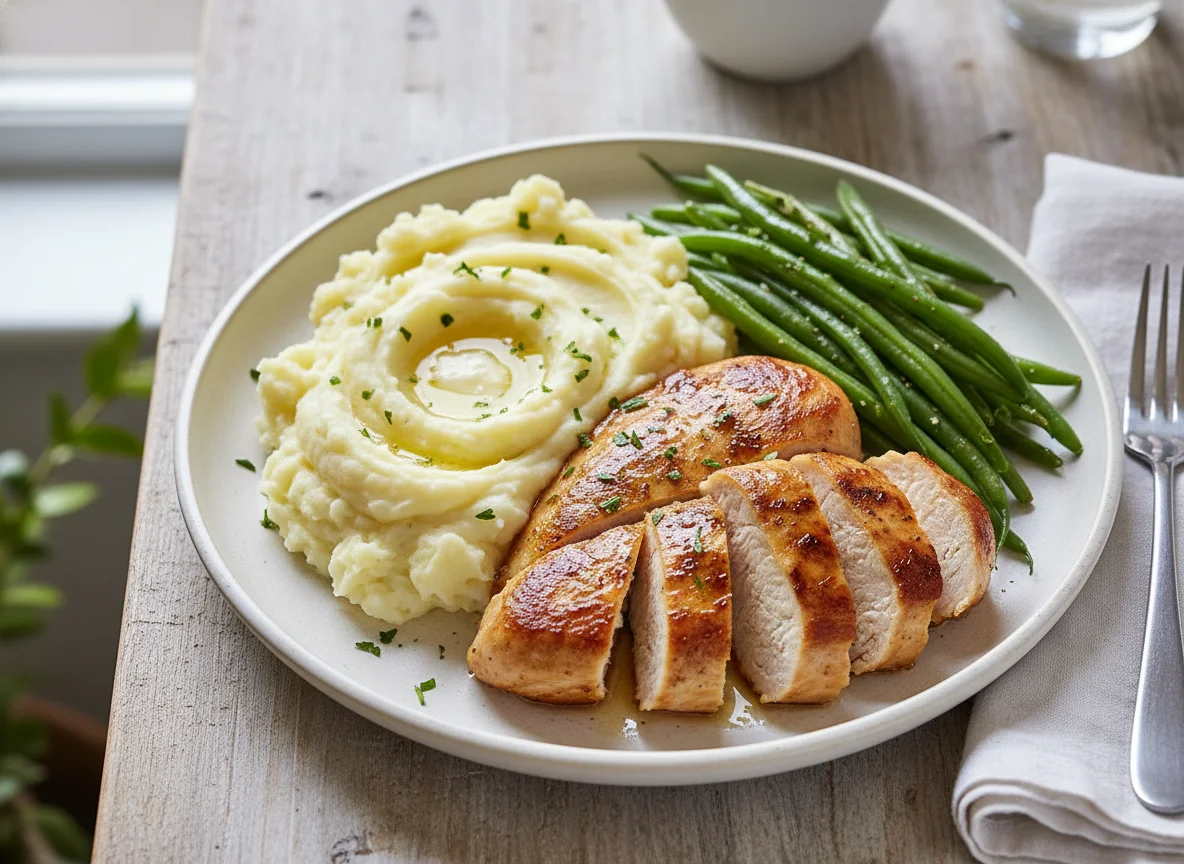 Chicken with Mashed Potatoes and Green Beans photo