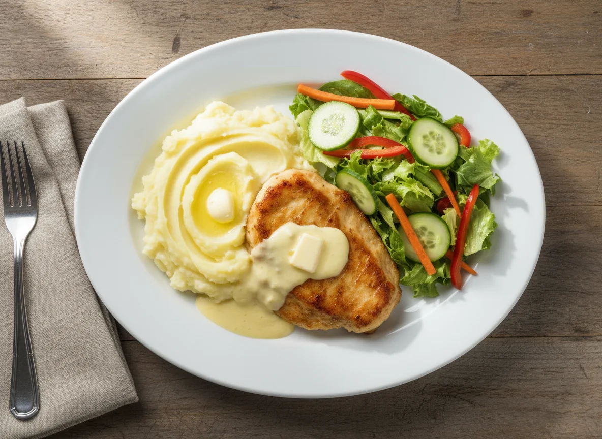 Chicken with mashed potatoes and salad photo