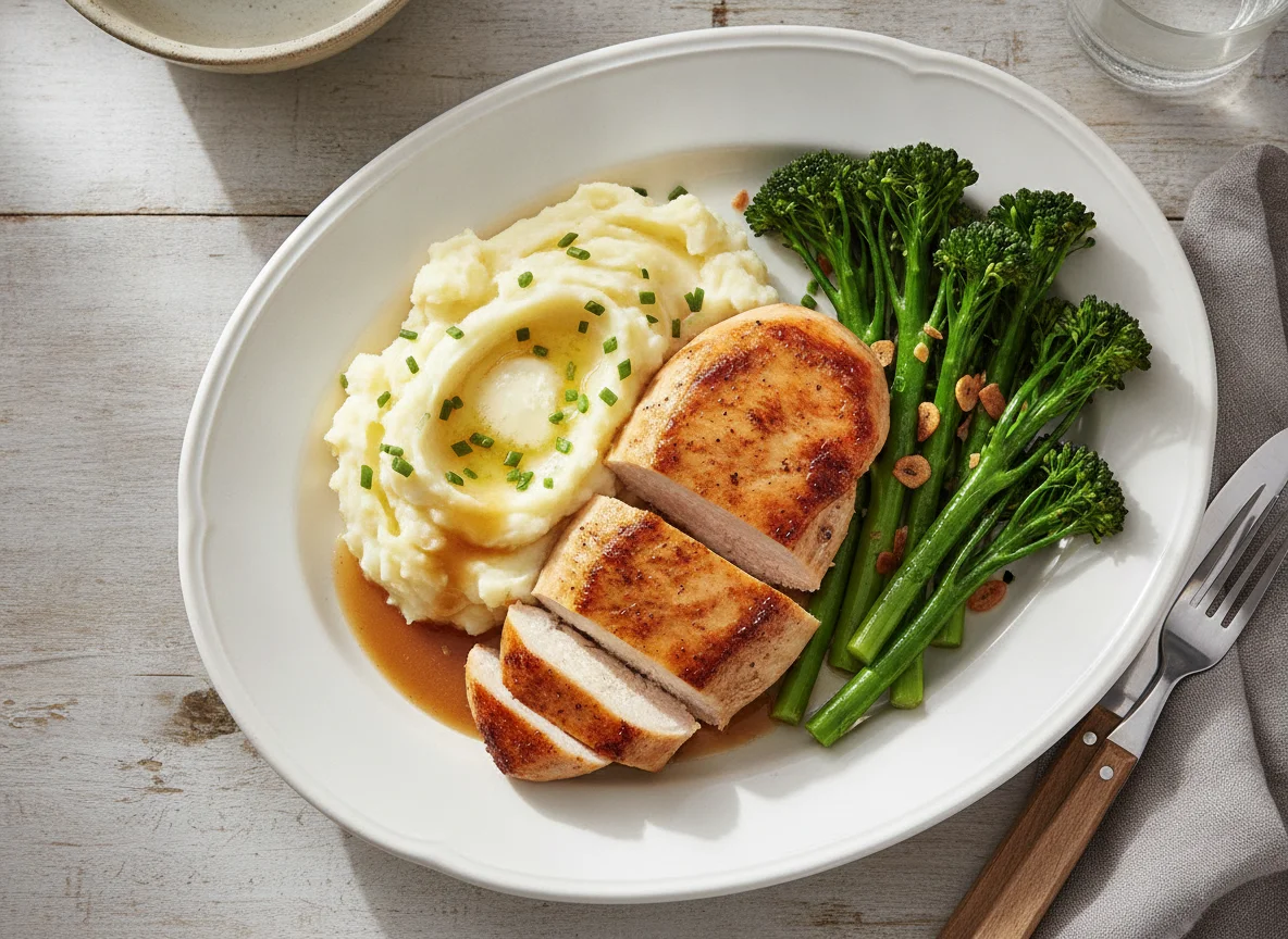 Chicken with Mashed Potatoes and Tenderstem Broccoli photo
