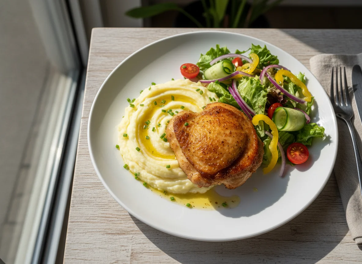 Chicken with Mashed Potatoes and Vegetable Salad photo