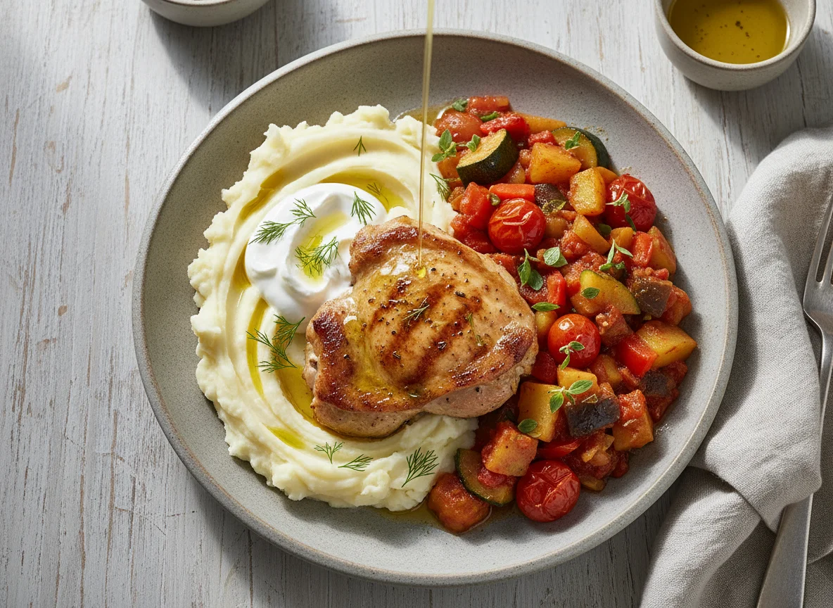 Chicken with mashed potatoes and vegetable stew photo
