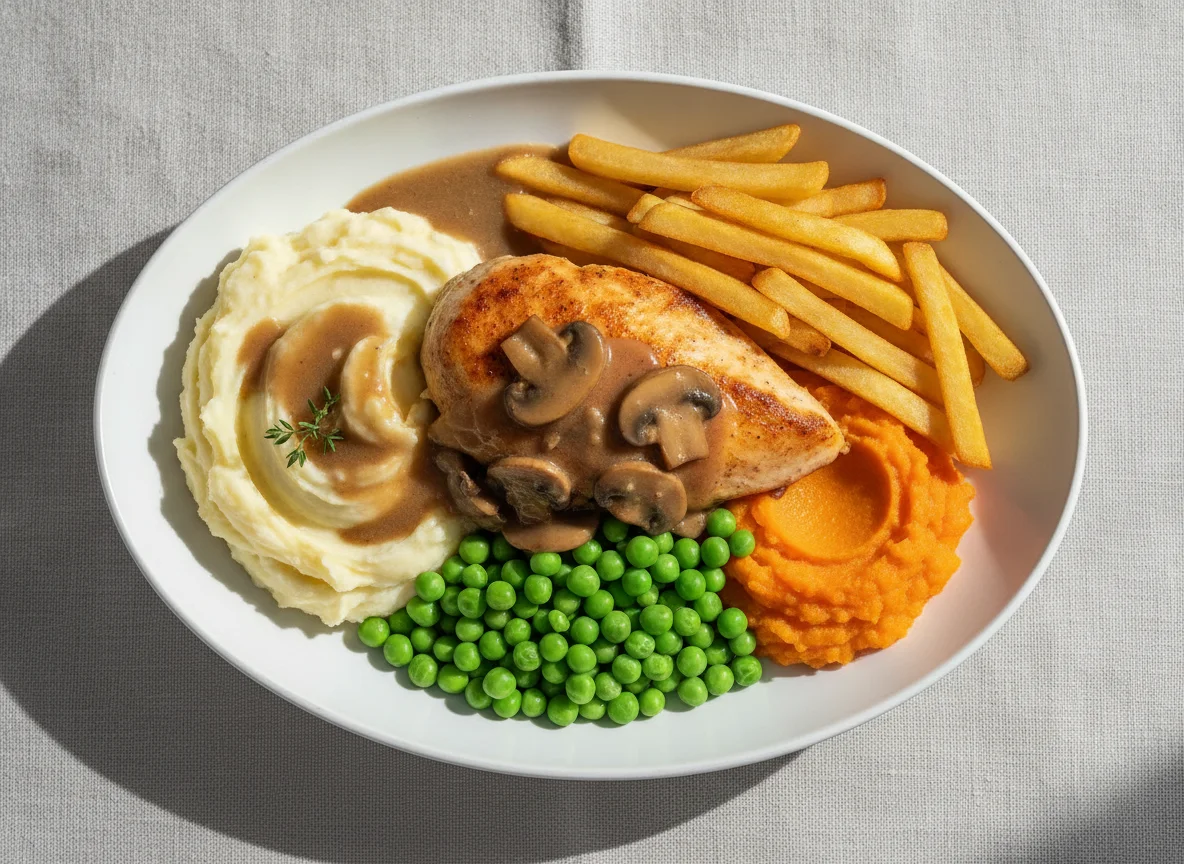 Chicken with Mashed Potatoes, Chips, Peas, and Carrots photo