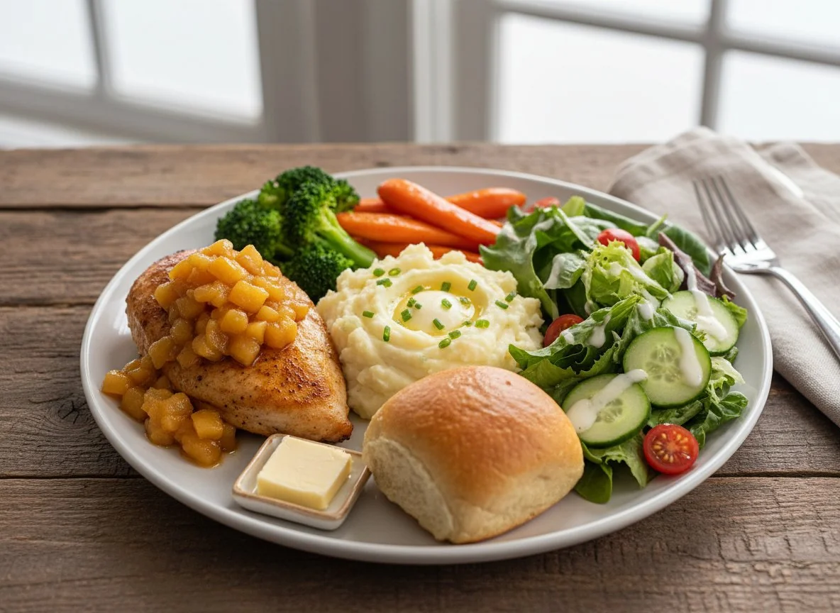 Chicken with Mashed Potatoes, Vegetables, Salad, and Roll photo
