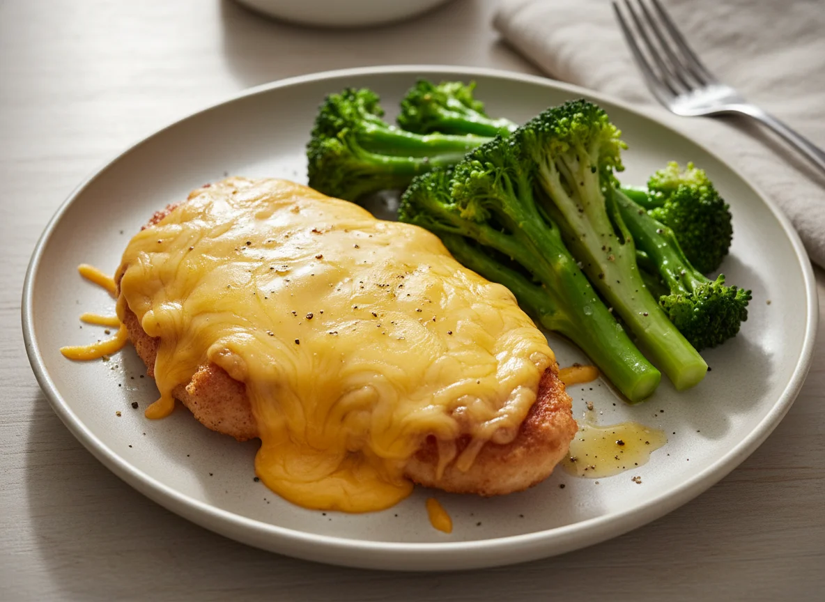 Chicken with Melted Cheese and Steamed Broccoli photo