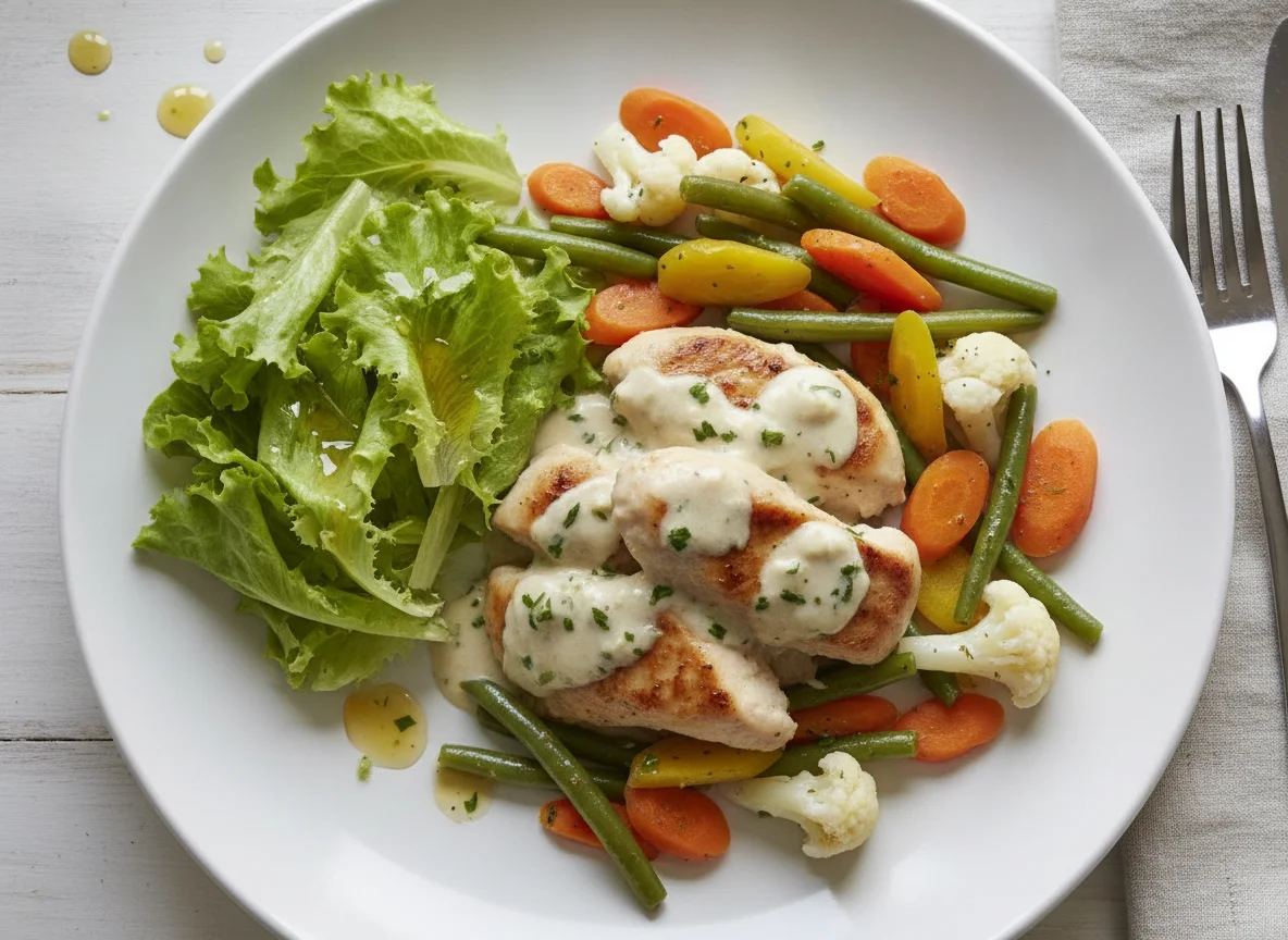 Chicken with mixed vegetables and green salad photo