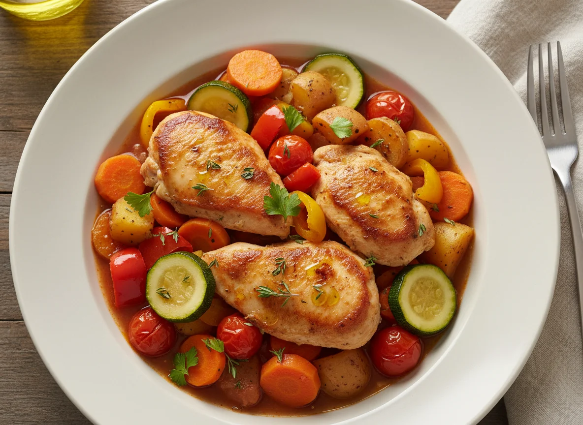 Chicken with mixed vegetables and potatoes photo