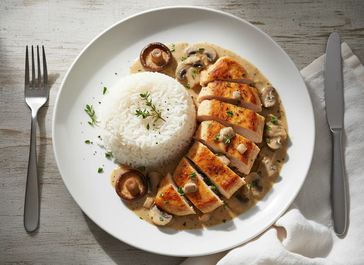 Chicken with Mushroom Sauce and Rice photo