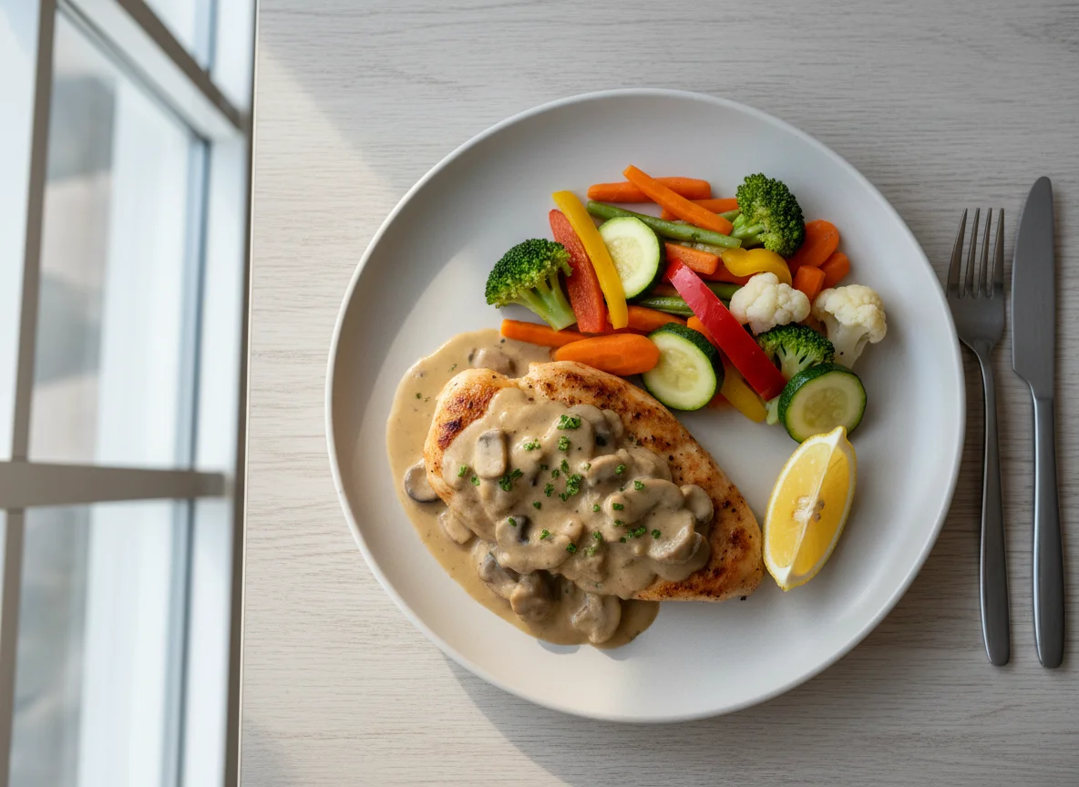 Chicken with Mushroom Sauce and Steamed Vegetables photo