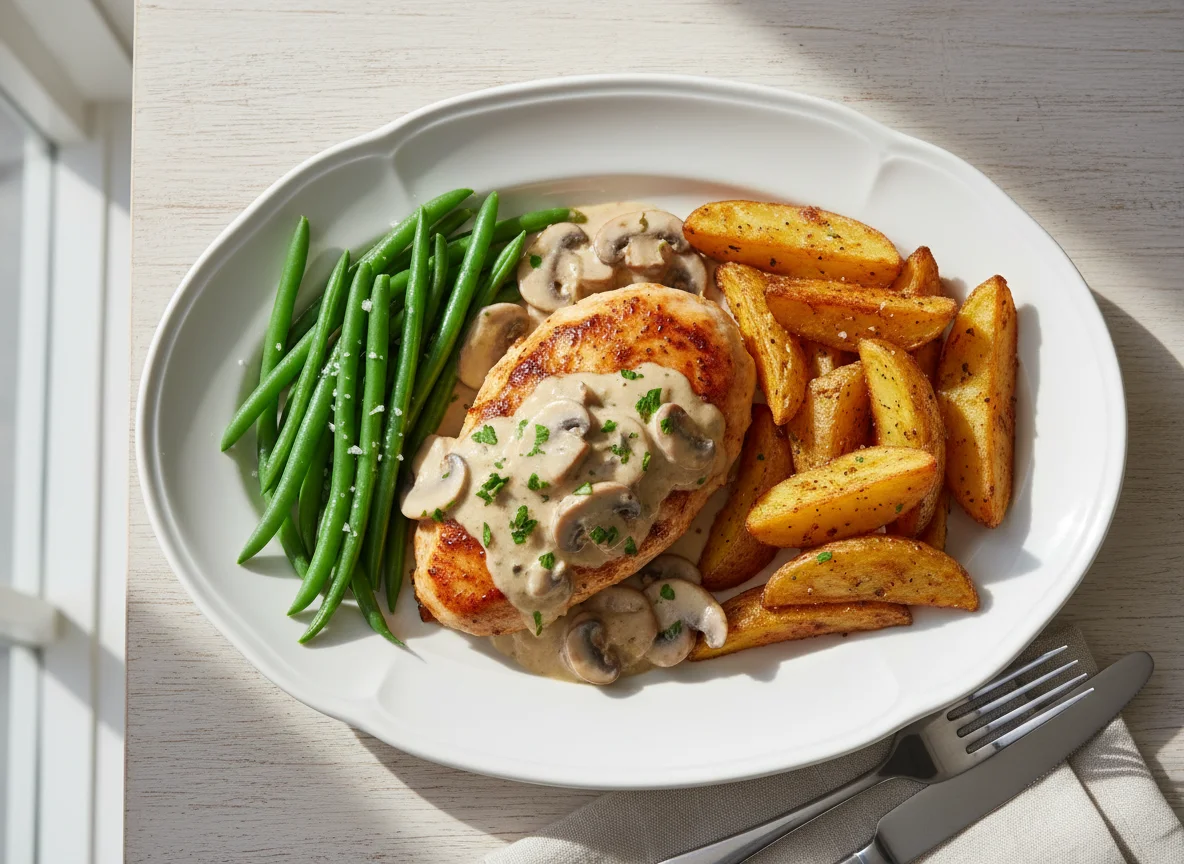 Chicken with Mushroom Sauce, Potato Wedges and Green Beans photo