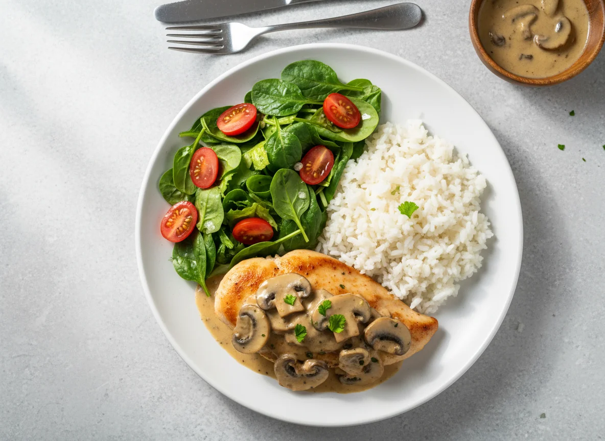 Chicken with Mushroom Sauce, Rice and Salad photo