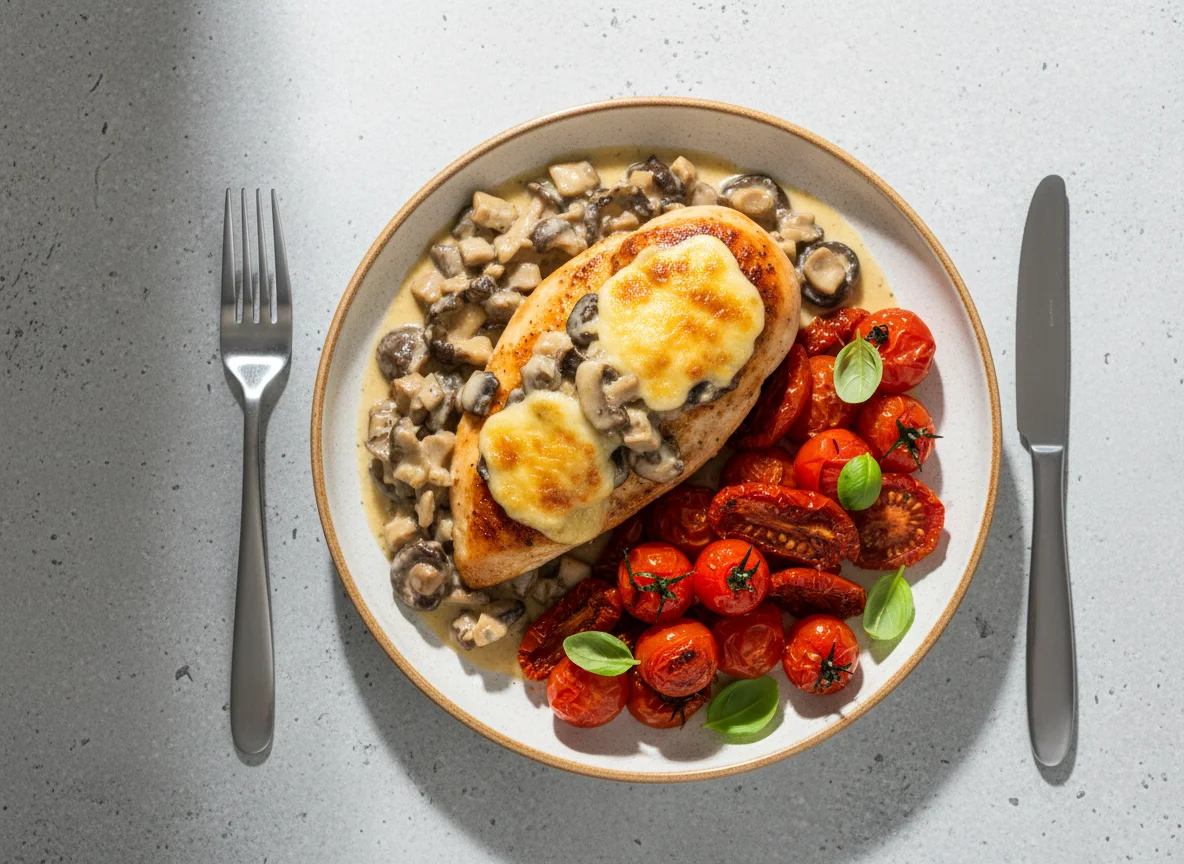 Chicken with mushrooms and cheese, served with tomatoes photo