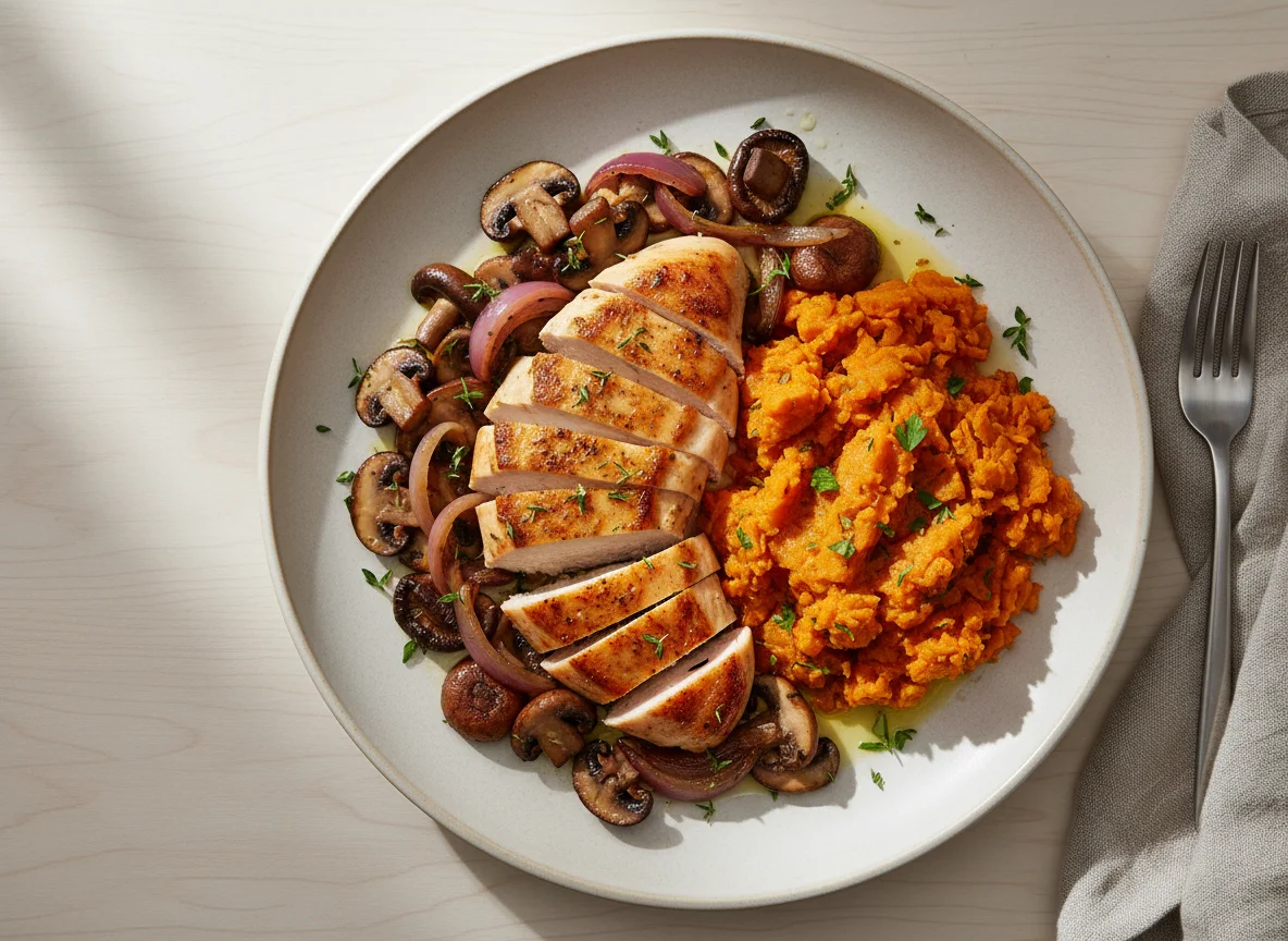 Chicken with Mushrooms and Smashed Sweet Potato photo