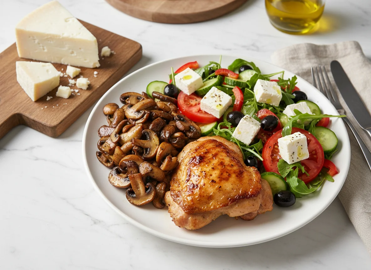Chicken with Mushrooms, Greek Salad, and Cheese photo