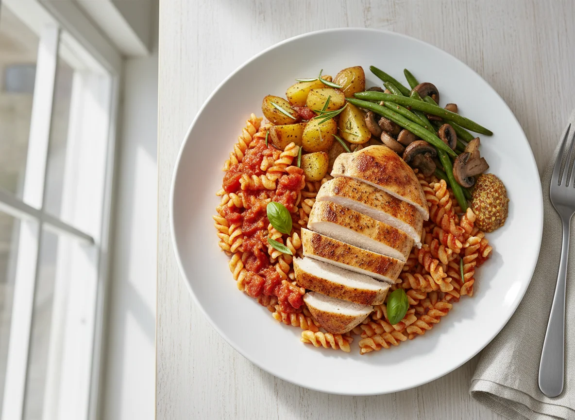Chicken with Pasta and Roasted Vegetables photo